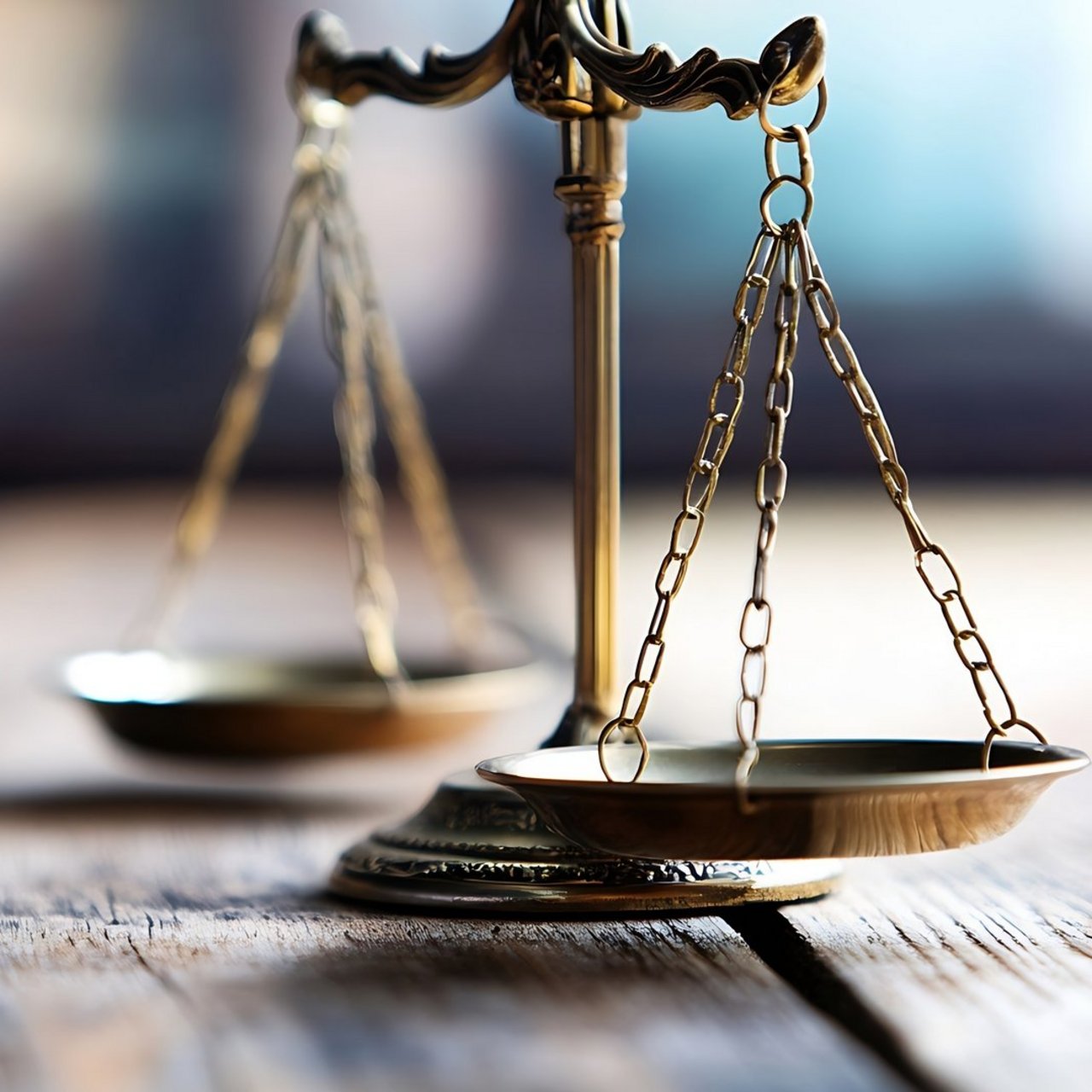 Golden scales of justice symbolizing fairness and equality poised on wooden surface for legal and law photography : Generative AI