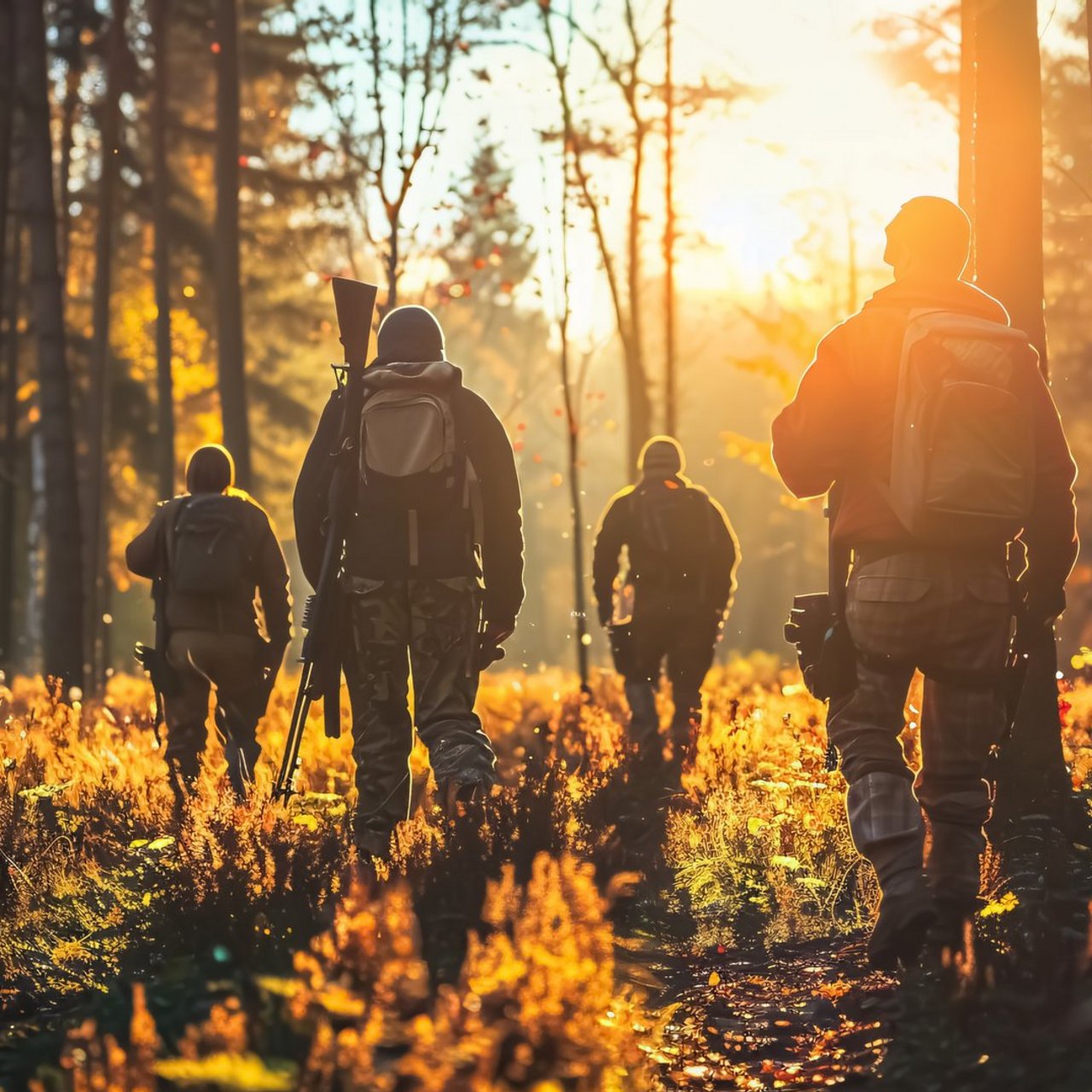 Group of hunters during hunting in the forest.